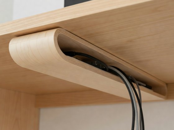 Under-side of a wooden desk shelf showing a bent birch plywood cable trough concealing a power strip and braided cords