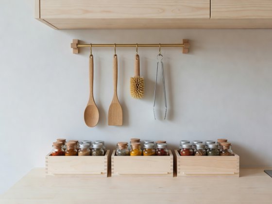 Compact Nordic kitchen wall with a brass and ash utensil rail and shallow birch spice crates between worktop and cabinet