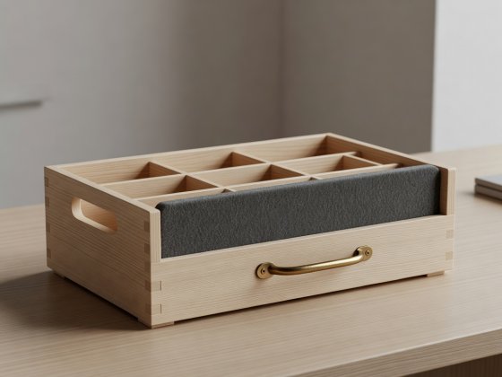 Soft-lit 3D render of a divided ash desktop caddy crate with a wool-felt laptop slot and brass handle