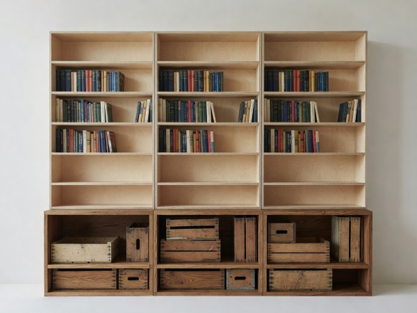 Soft-lit architectural render showing a three-bay modular shelf transitioning from 20cm book shelves above to 40cm crate shelves below