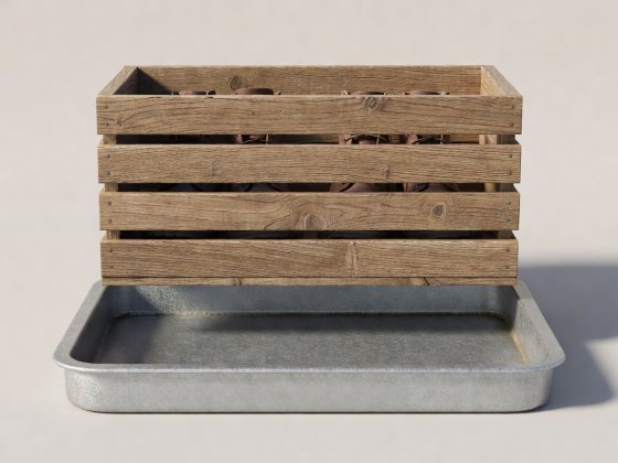 Soft-lit 3D render of a slatted oak shoe crate above a galvanised steel drip tray