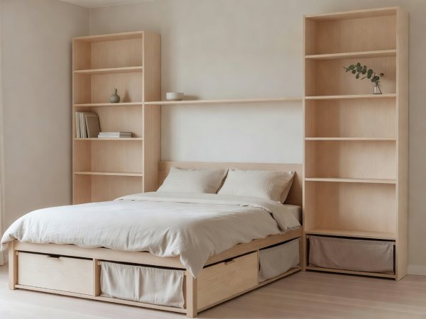 Compact Scandinavian bedroom with birch shelving framing the bed headboard and sliding linen crates underneath